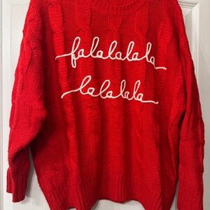 Red Cable Knit Sweater with Festive Script